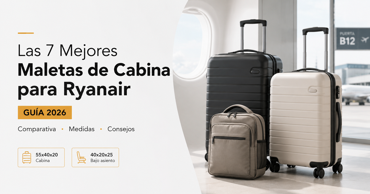 Maleta de cabina azul junto a un mostrador de facturación de aeropuerto