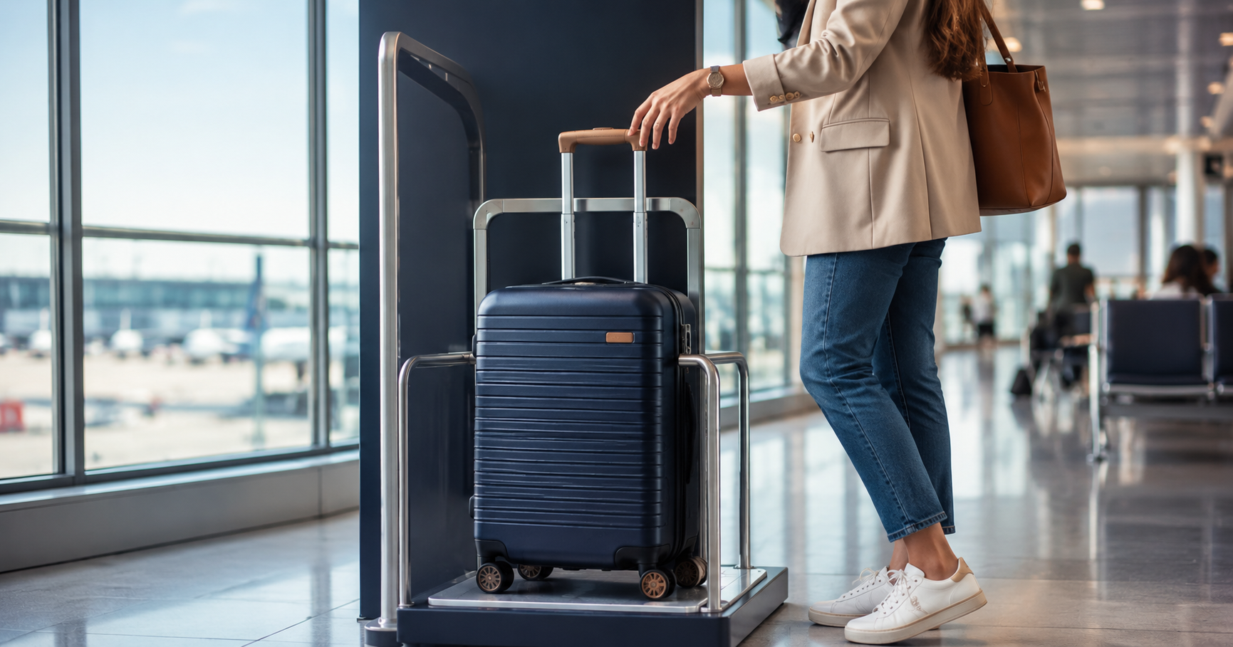 Maleta de cabina junto al mostrador de facturación de un aeropuerto